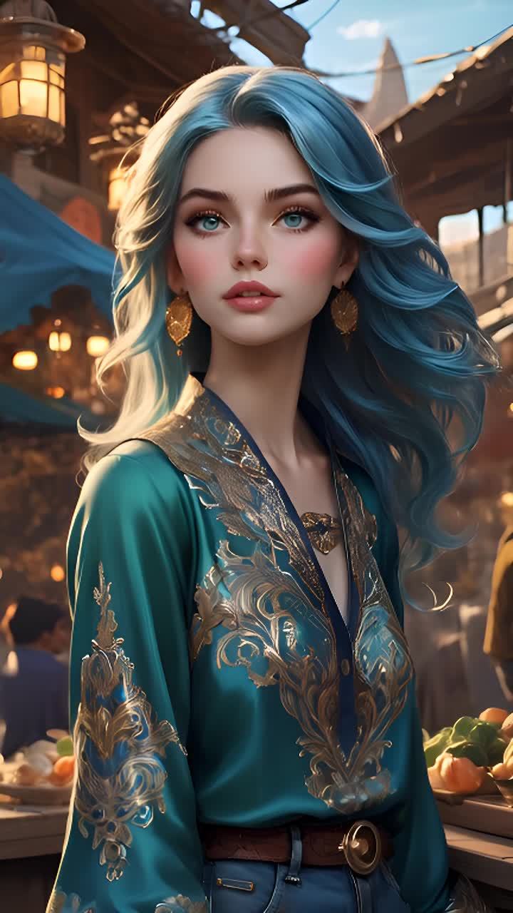 一个有蓝色头发的女子站在一个市场中。她穿着一件带有