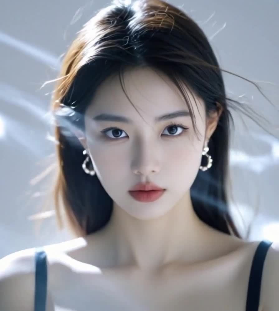 珍珠耳环黑吊带的深发美女肖像