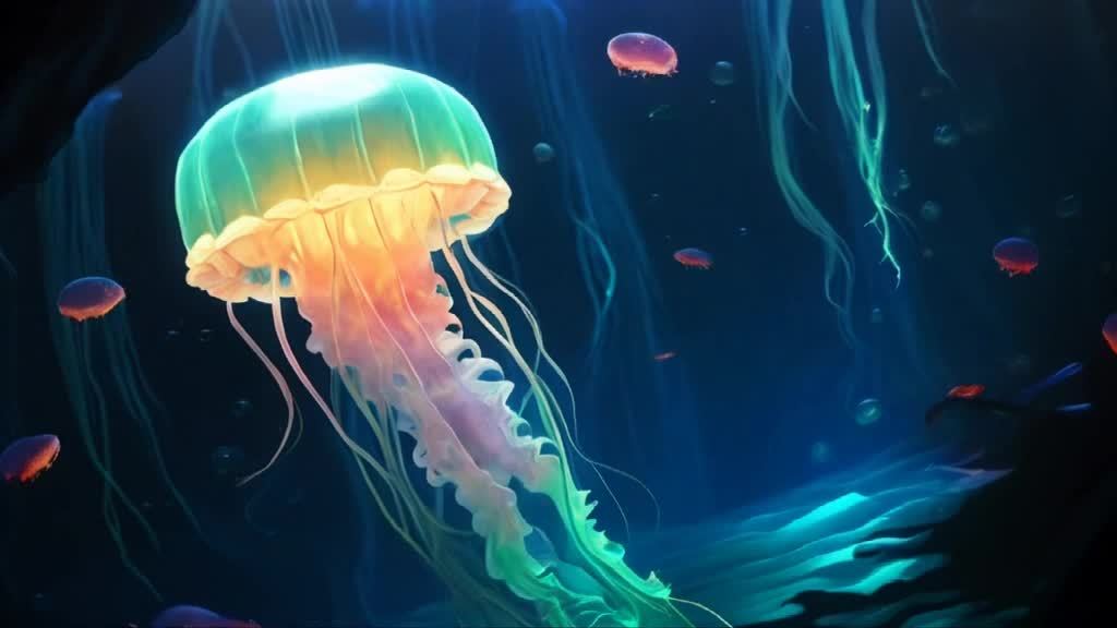 蓝色背景中，一只大型水母发出生物光，其身体上半部分