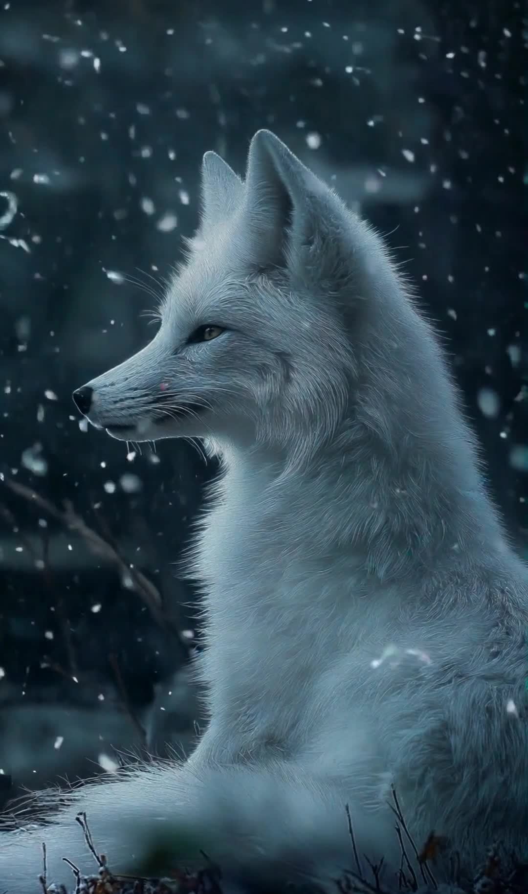 雪夜，一只侧脸凝视远方的白色狐狸。