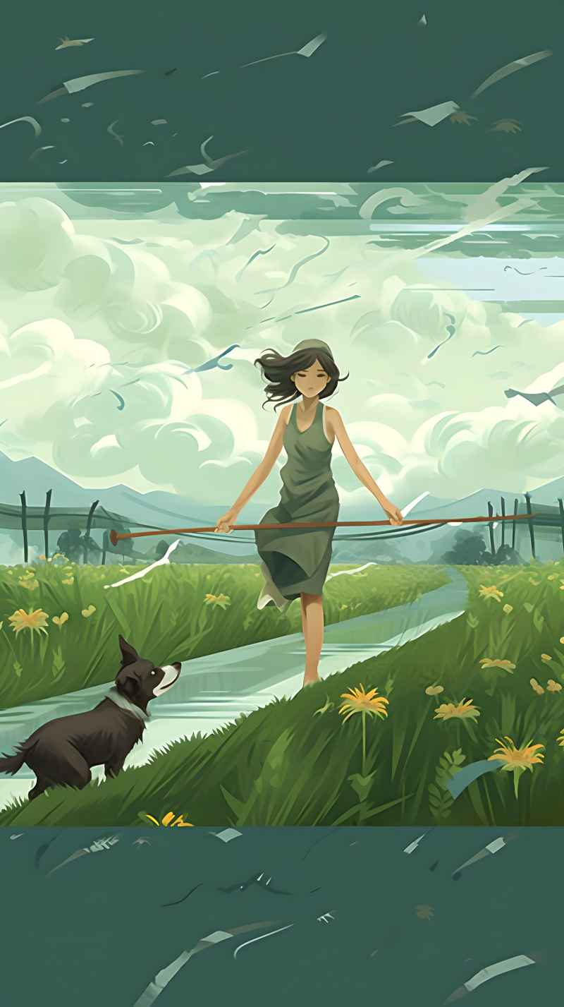 女人站在稻田与狗绿色插画 5