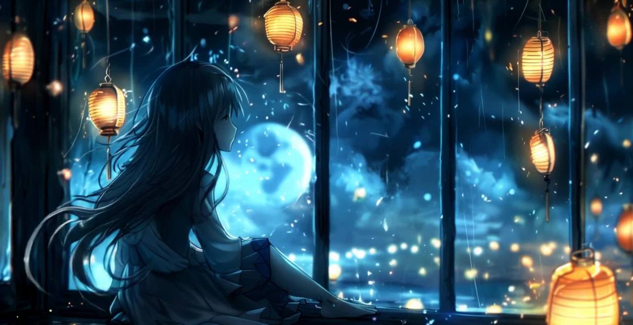 一位长发女孩侧身坐在窗边，注视着窗外。夜空中悬挂着