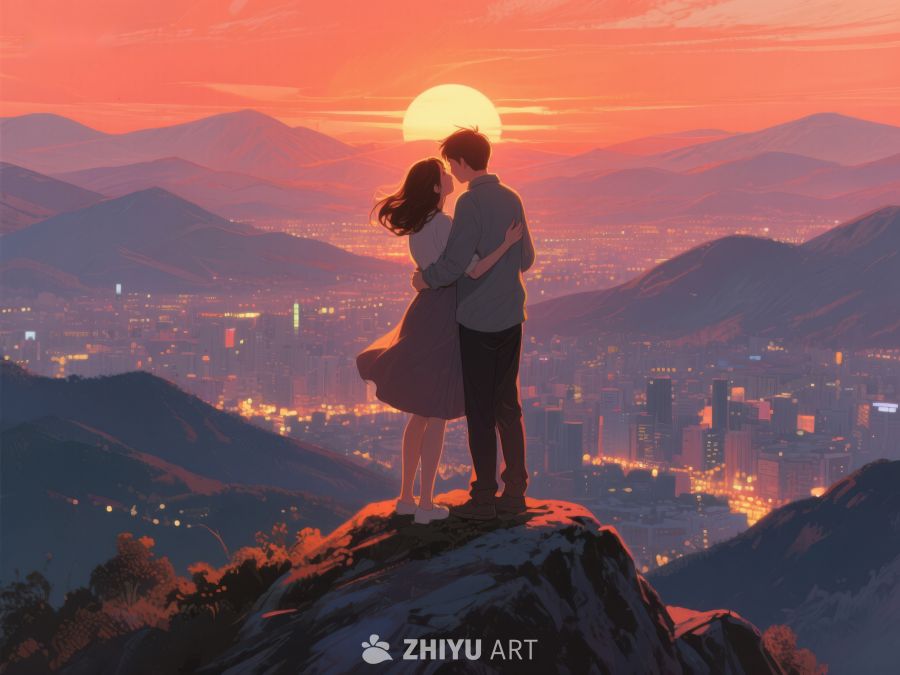 山顶情侣拥抱，城市夜景映衬夕阳 647