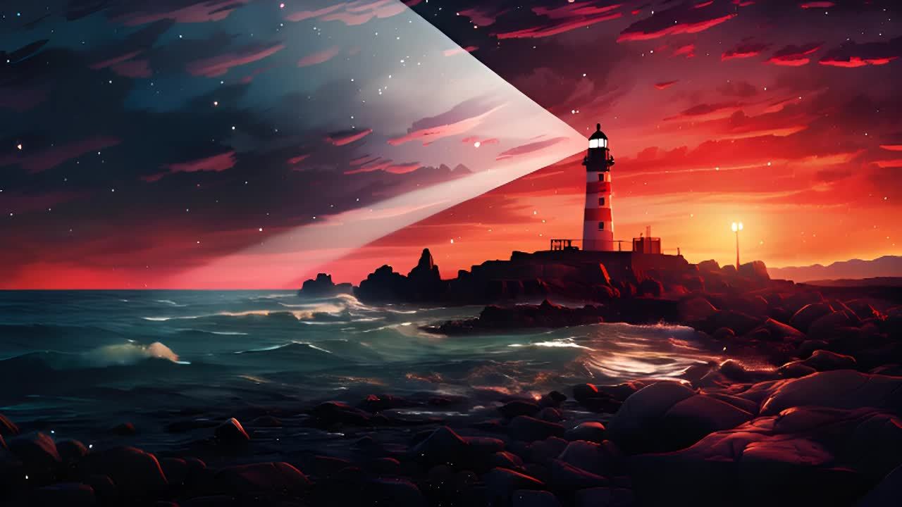 海面上有波浪，一个红色和白色相间的灯塔坐落在海边的