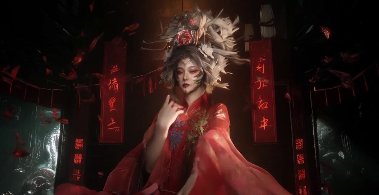 一名女子身穿红色长袍，长袍上装饰着金色和蓝色的花朵
