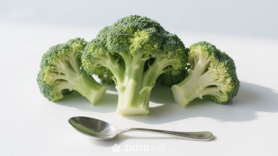 新鲜西兰花与银勺的静物组合