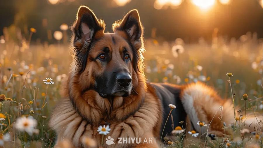 一只德国牧羊犬躺在草地上，阳光洒在它身上。草地上有