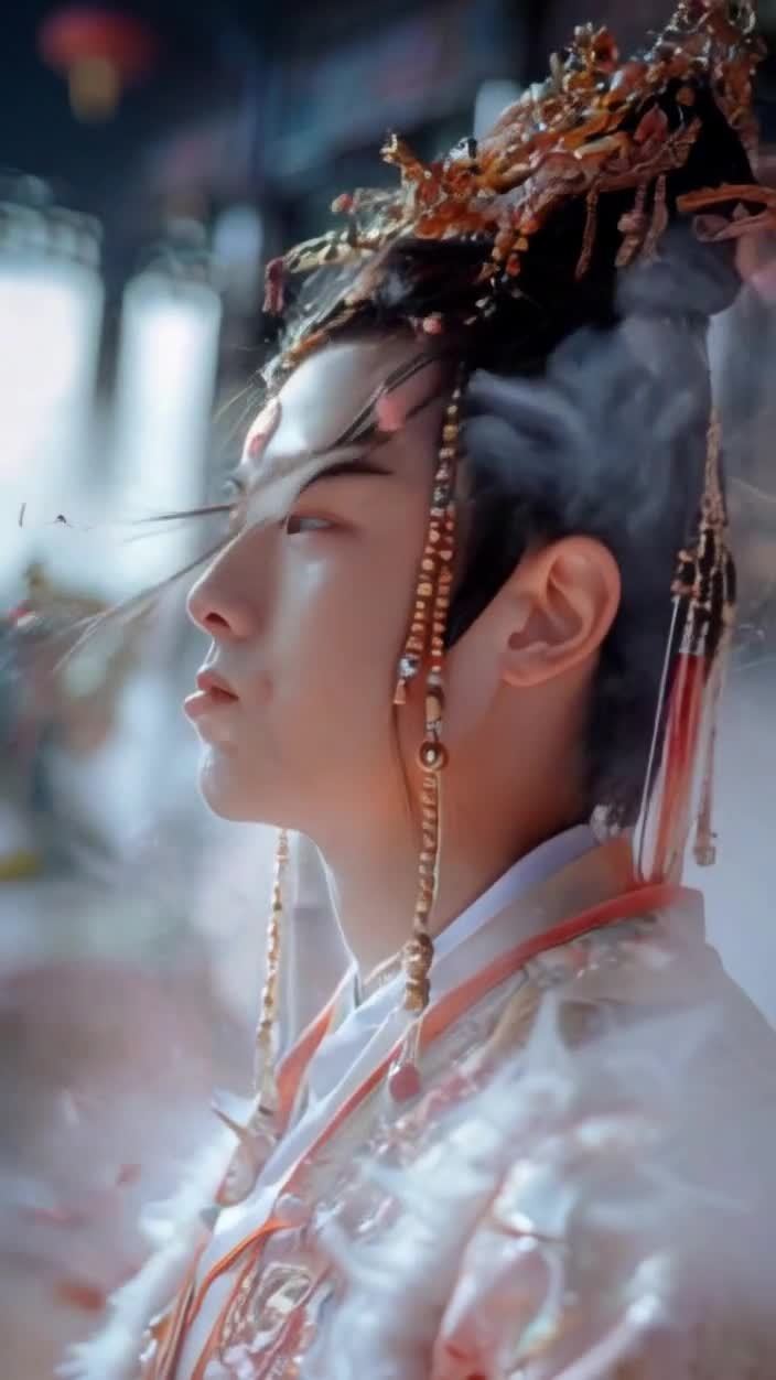 华丽头饰红妆少年侧颜，朦胧花瓣飘散唯美意境。