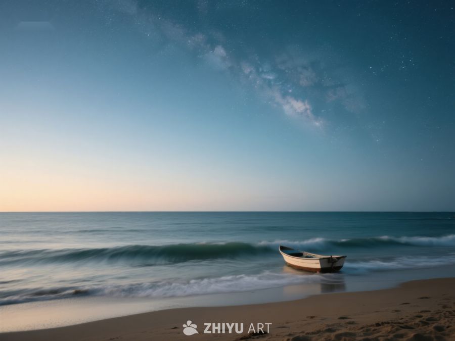 夜幕下的海滩与小船 438