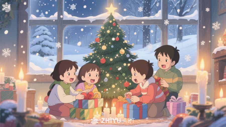 孩子们在圣诞树下开心拆礼物 139