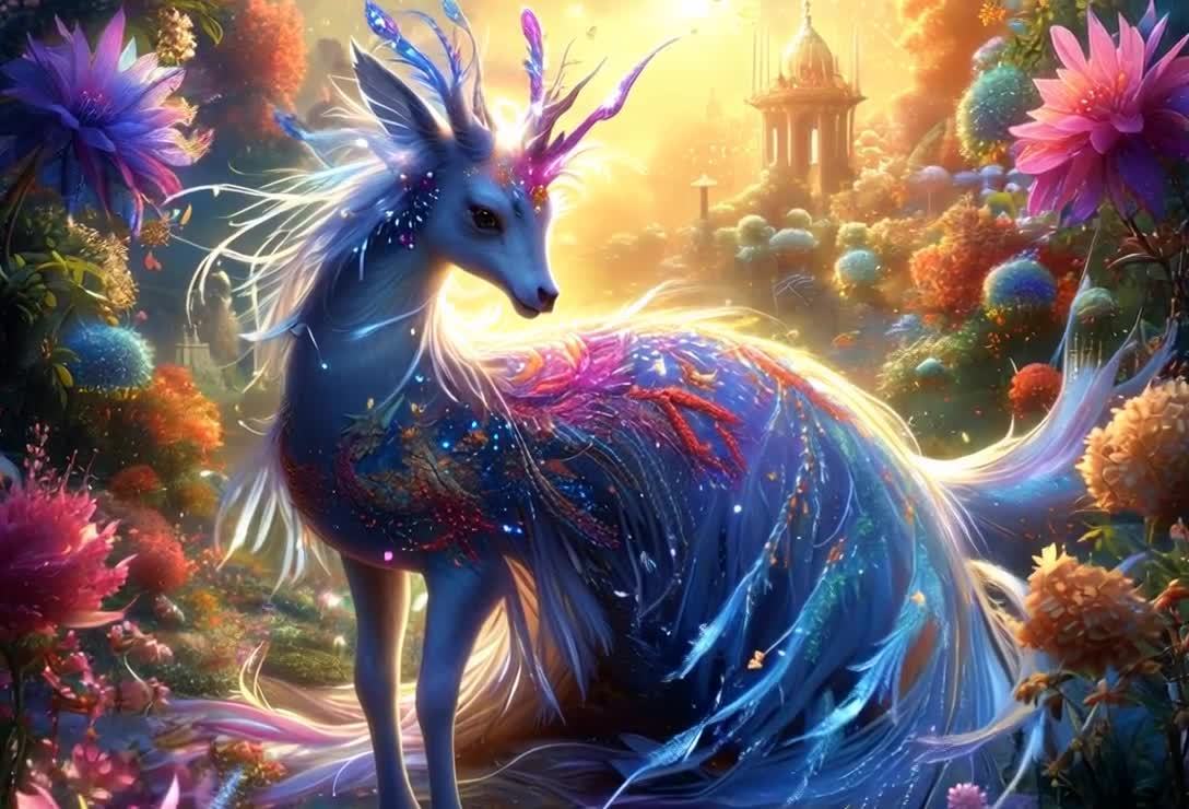 一只拥有蓝色毛发的生物站立在鲜花盛开的花园中。它的