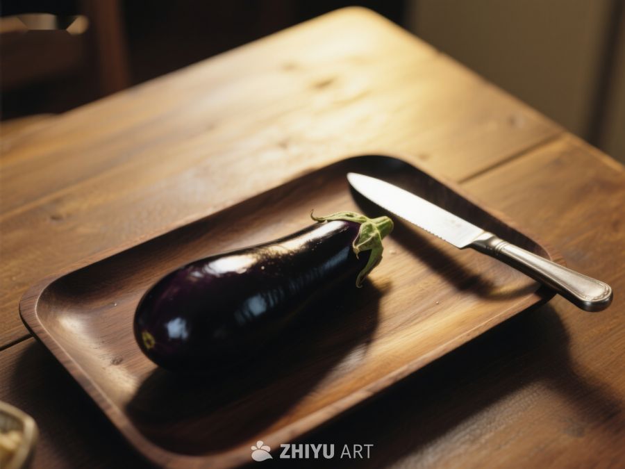 木盘上的茄子与刀具 261