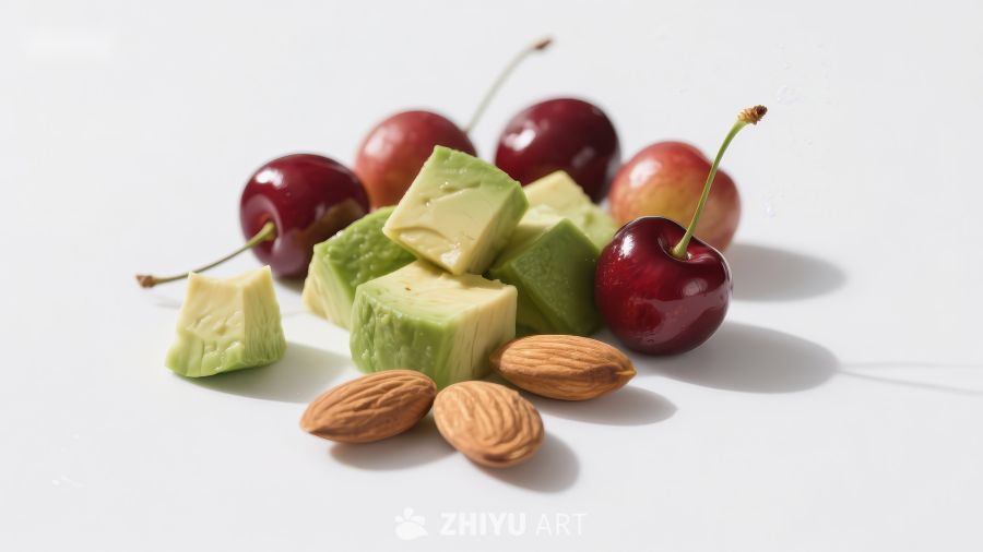樱桃、牛油果块与杏仁的组合