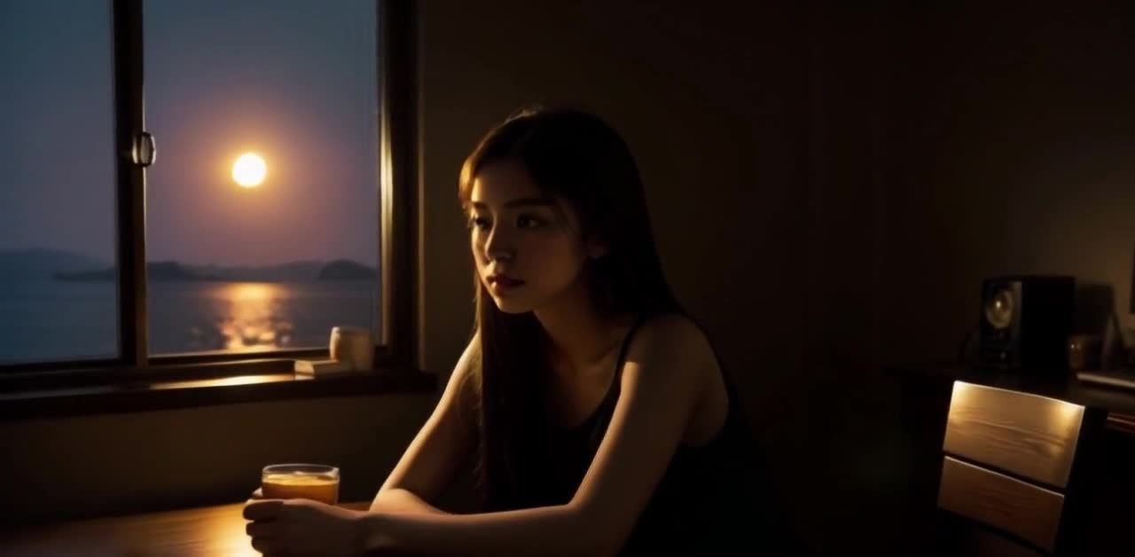 一位年轻女子坐在窗户前的桌子旁，桌上有一杯饮料。窗