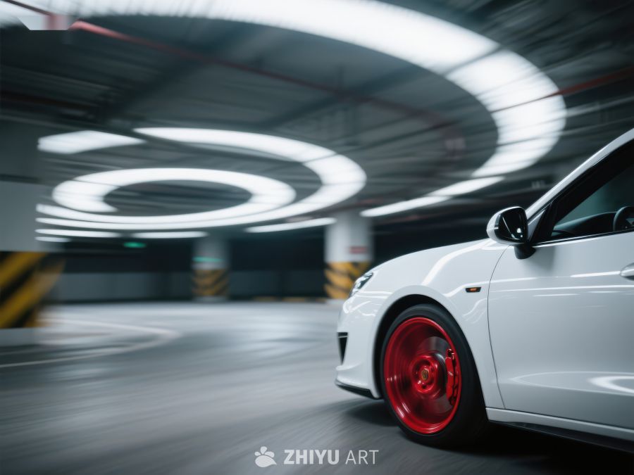 白色轿车在地下车库高速行驶 1