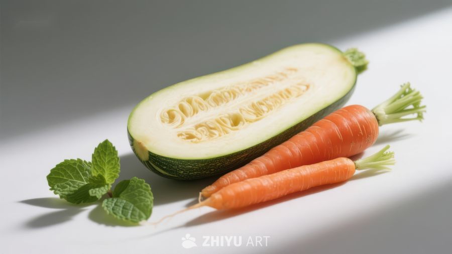 新鲜蔬菜：切开的黄瓜与胡萝卜
