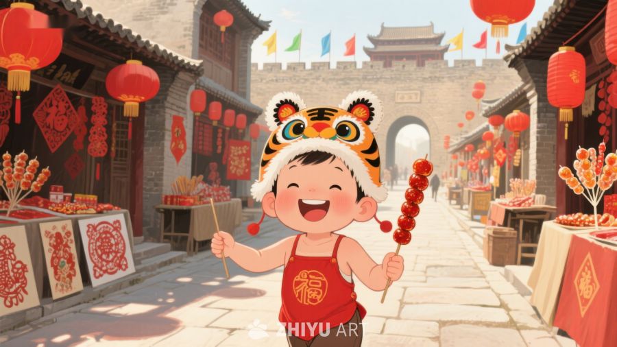 童趣春节：虎头帽小孩街市欢庆 860
