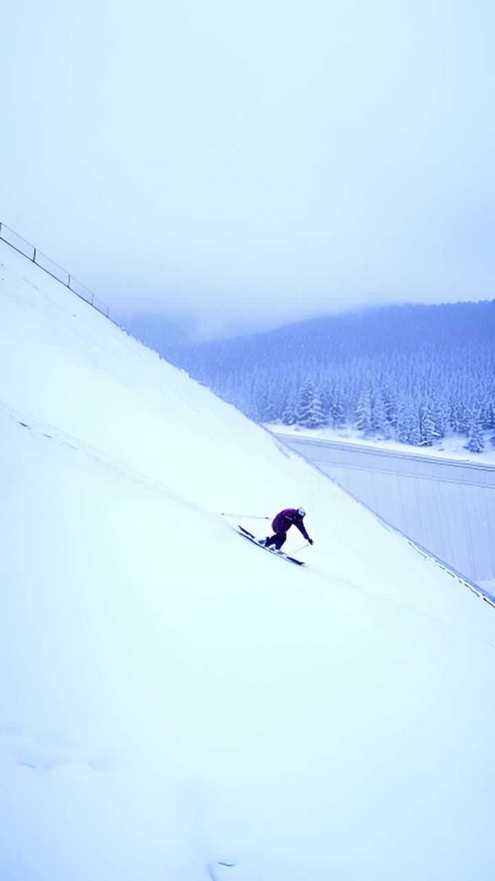滑雪者身着红黑相间的服装，头戴安全帽，正熟练地从覆