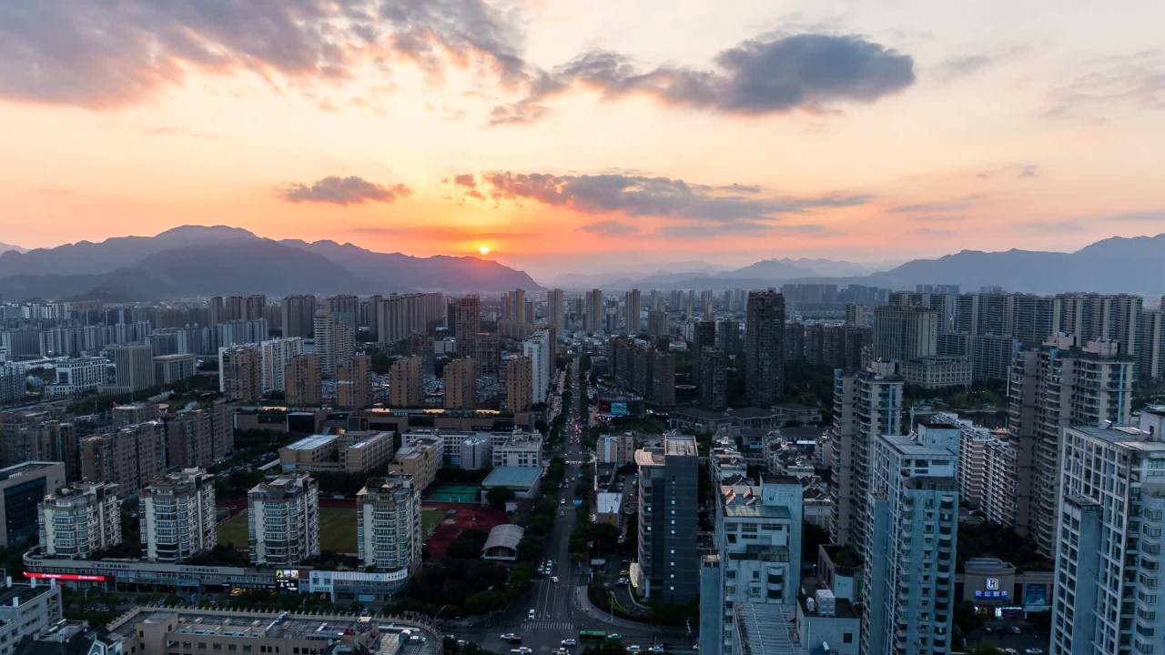 浙江台州城市日落航拍延时