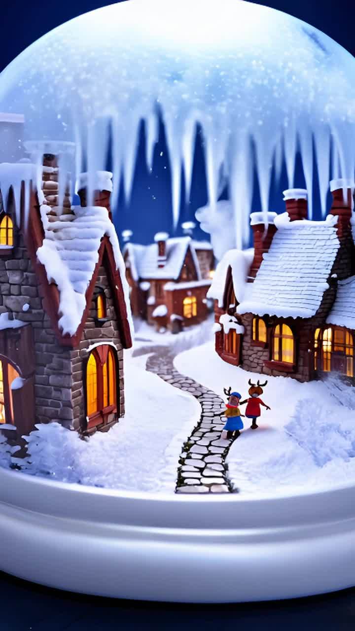 一个雪景球内，鹅卵石小路穿过积雪覆盖的村庄，房屋的