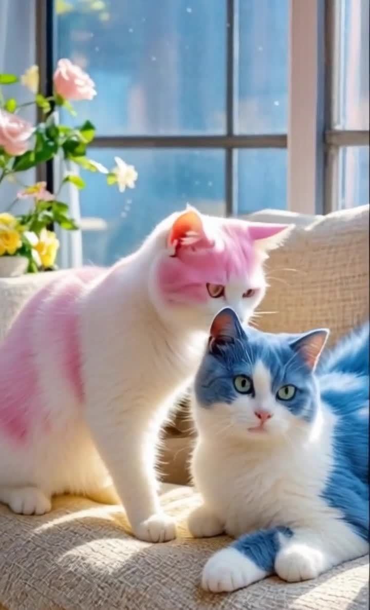窗边粉蓝双色猫咪：清新治愈的室内宠物写真
