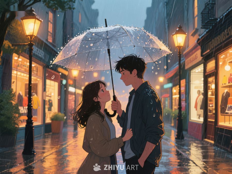 雨夜街头，伞下情侣温馨对视 1052