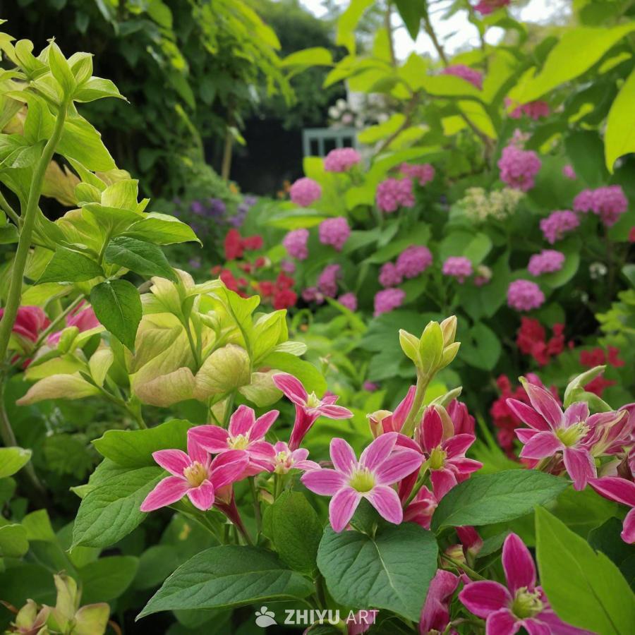 一片茂盛的绿色花园，其中包含各种色彩鲜艳的花朵，包