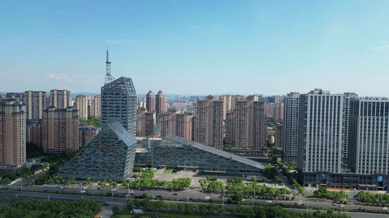 航拍新余图书馆文化中心广电大楼