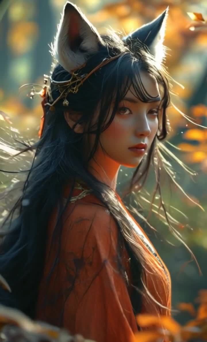 森林中佩戴兽耳头饰的女子凝视远方