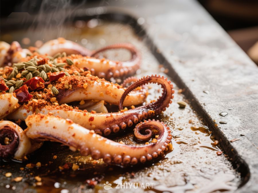香料烤鱿鱼，热气腾腾