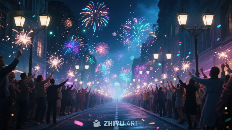 夜空烟花绽放，人群欢庆节日 883
