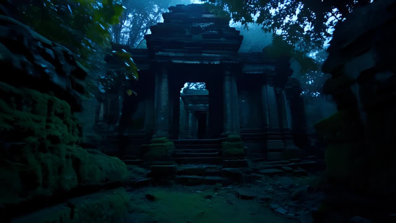一个古老的、破旧的寺庙在茂密的森林中，月光下发出诡
