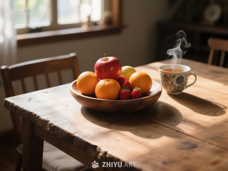 木桌上的水果盘与热饮 368
