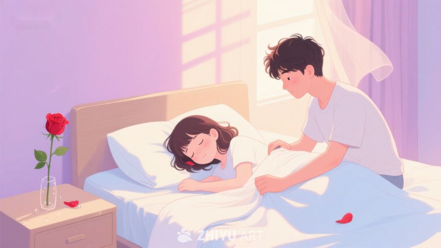 温馨床边，男子轻抚熟睡女子 369