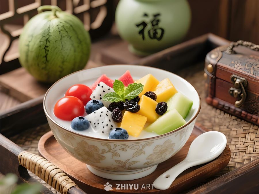 古朴碗中装水果酸奶有西瓜火龙果蓝莓等多样鲜果搭配酸奶旁置西瓜