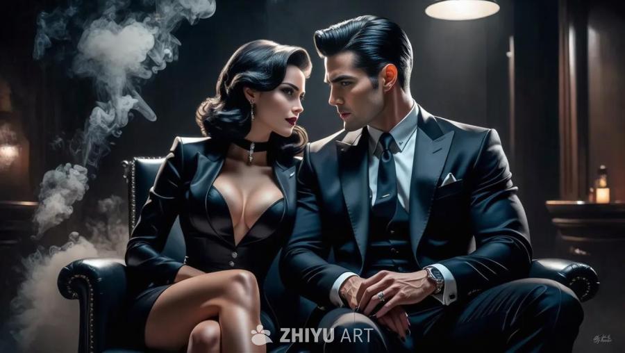 一男一女，身着黑色西装，留着深色头发，坐在黑色的皮