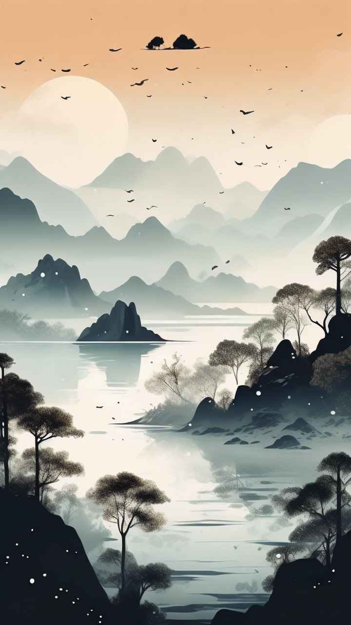 国风水彩画山水风景插画 6