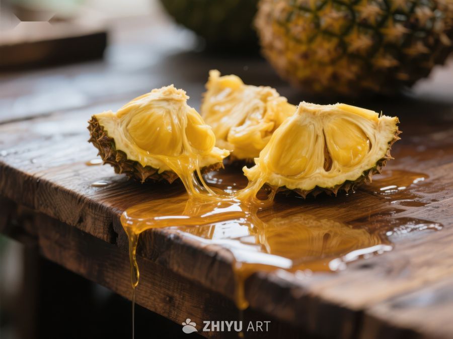 新鲜榴莲切块，汁液四溢 714