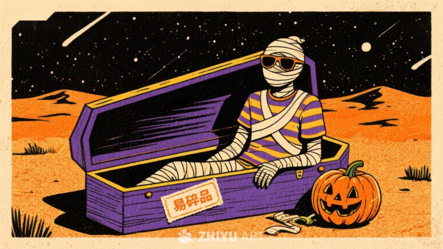 木乃伊坐在棺材旁，旁边有南瓜灯