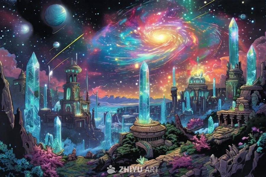 远处可见一个明亮、螺旋的星系，以及旋涡状的彩色星星