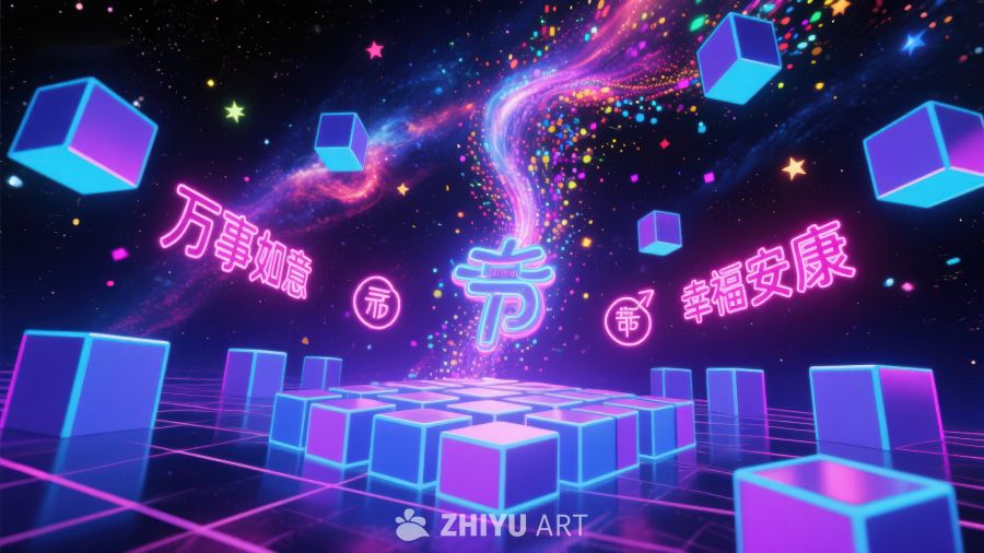 霓虹立方体与节日祝福语 408