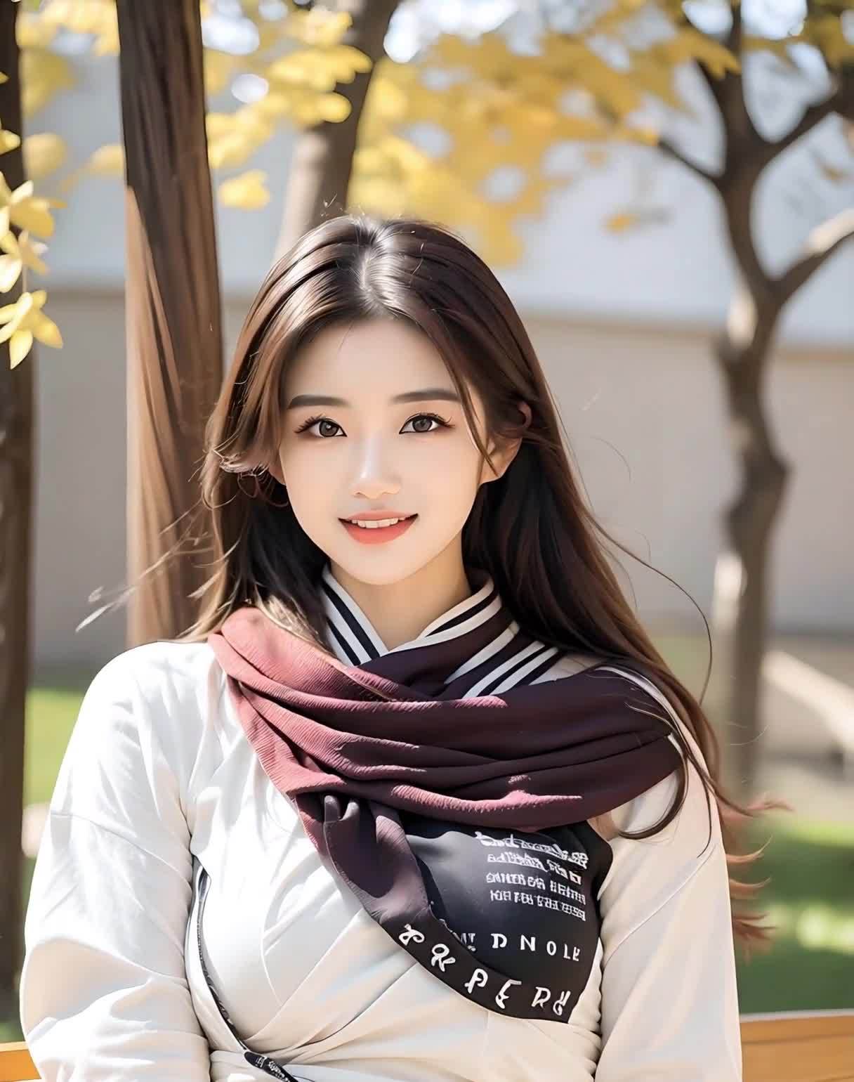 公园美女，白衣红围巾，秋日阳光灿烂。