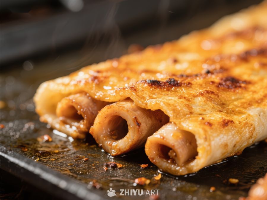 金黄酥脆的卷饼正在煎制