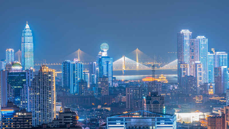武汉城市建筑群桥梁傍晚蓝调亮灯时刻