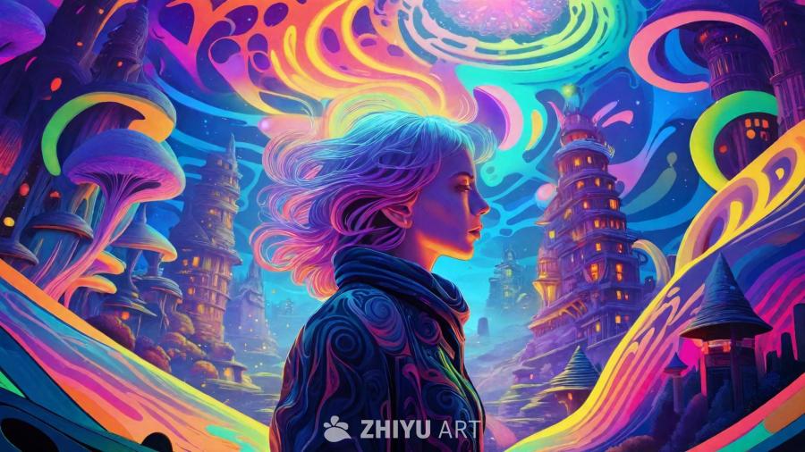 一位女性侧脸面对着奇幻的城市景观，城市由类似塔楼和