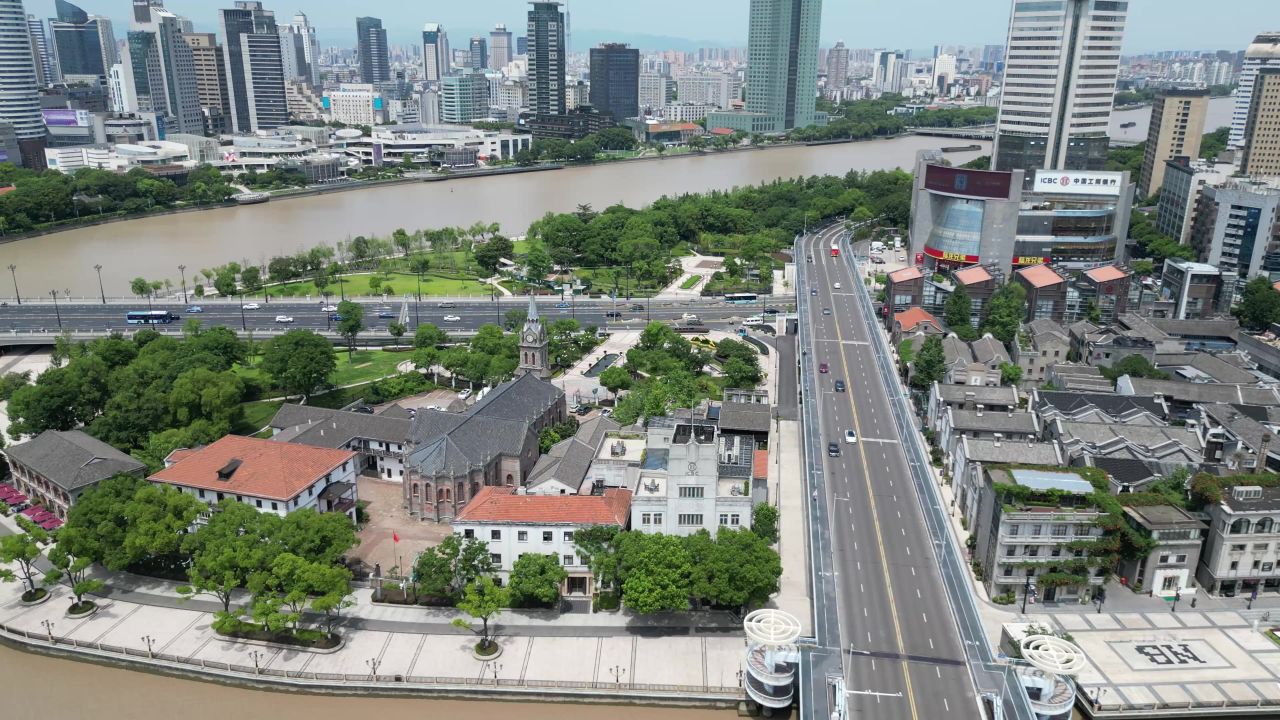 航拍浙江宁波老外滩
