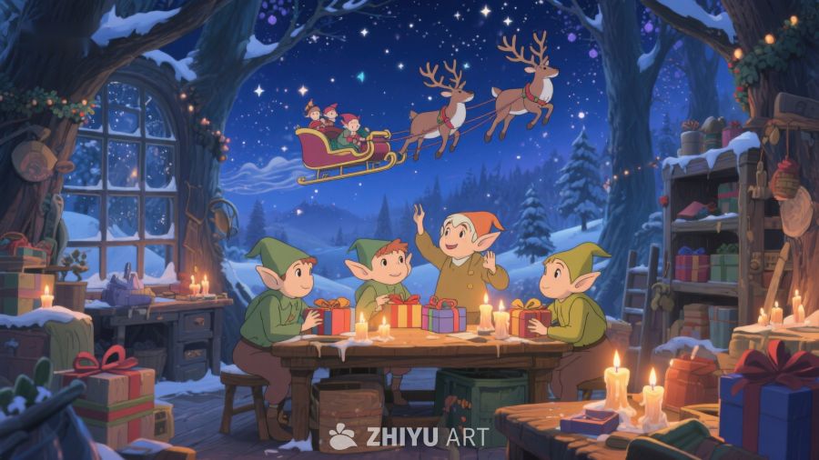 圣诞精灵准备礼物，窗外雪橇飞过 185