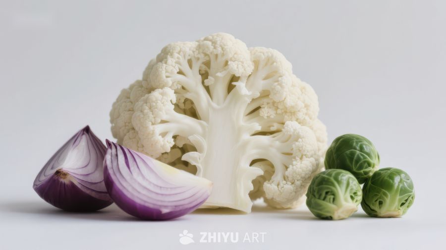 新鲜蔬菜组合：花椰菜、洋葱与布鲁塞尔芽