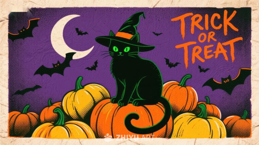 万圣节黑猫南瓜灯插画