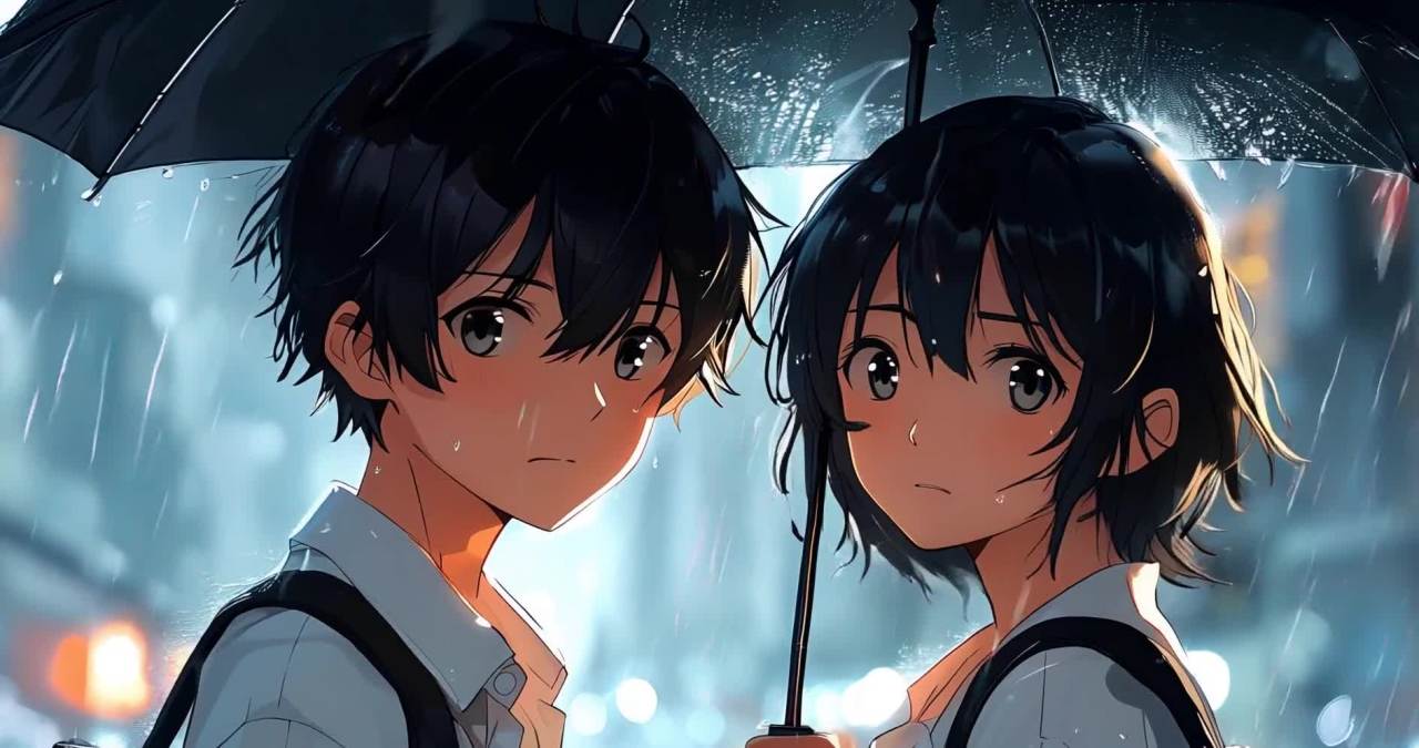 两个动漫风格的孩子站在雨中，他们都凝视着前方，男孩